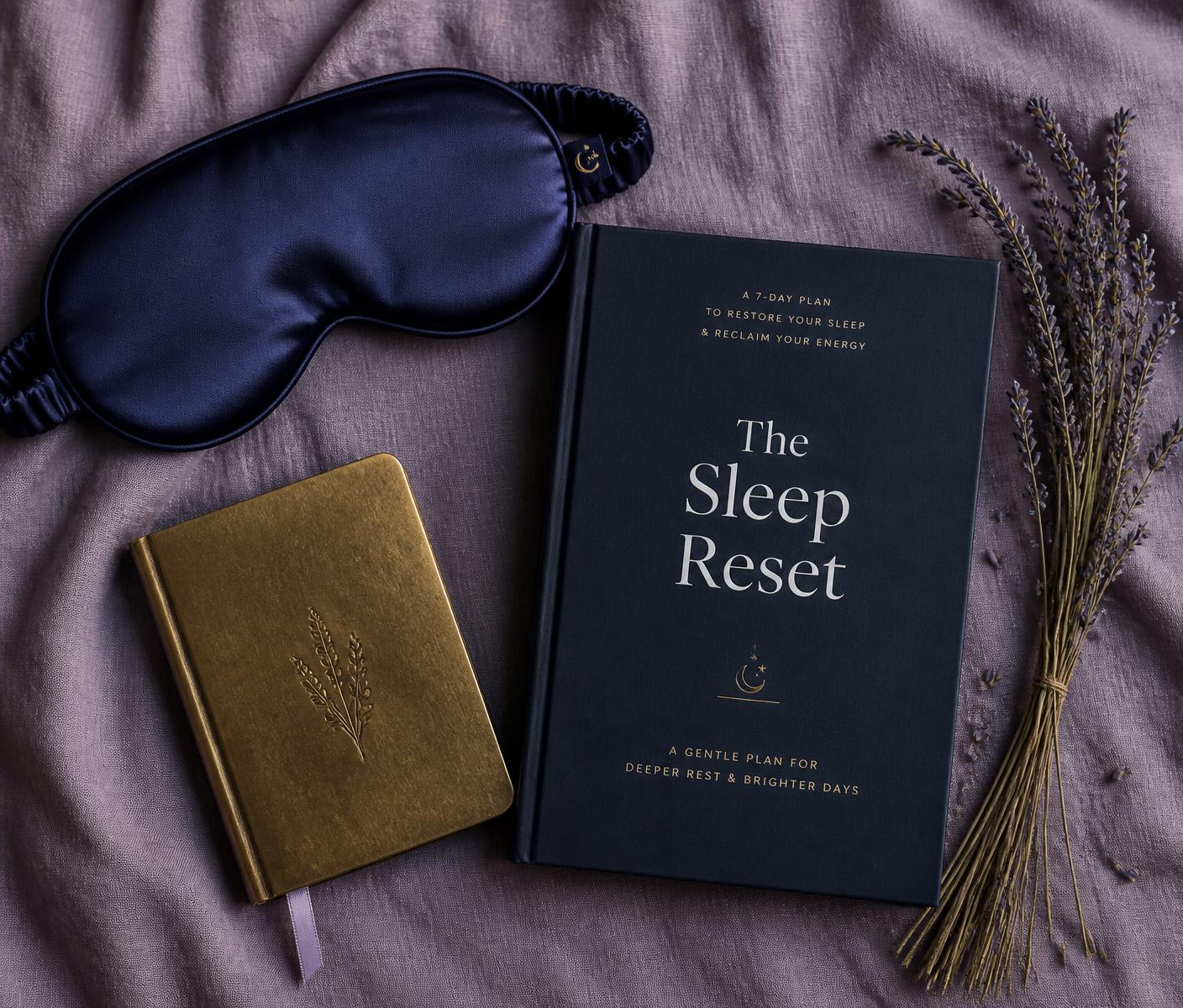 Silk sleep mask, hardcover Sleep Reset ebook, and journal on lavender linen