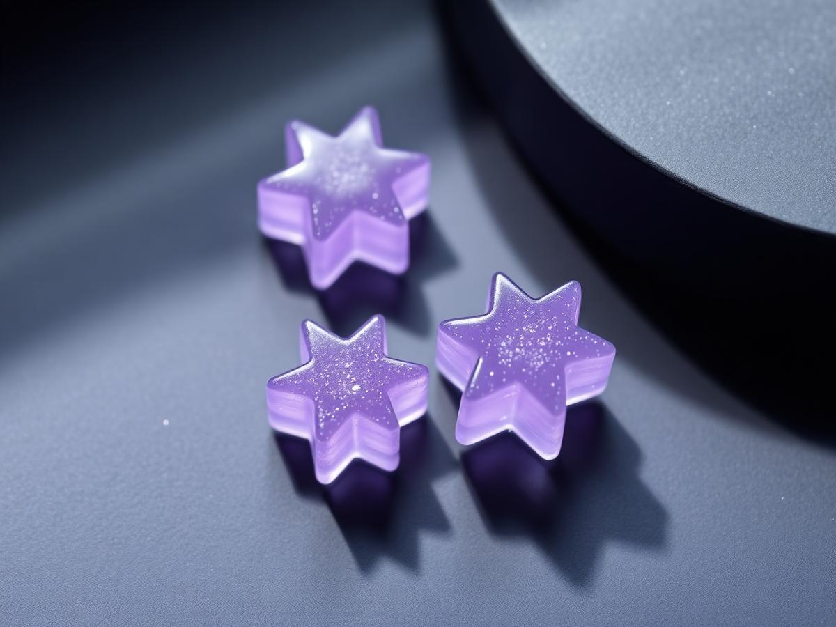 Two lavender star-shaped Somny gummies on a matte dark surface