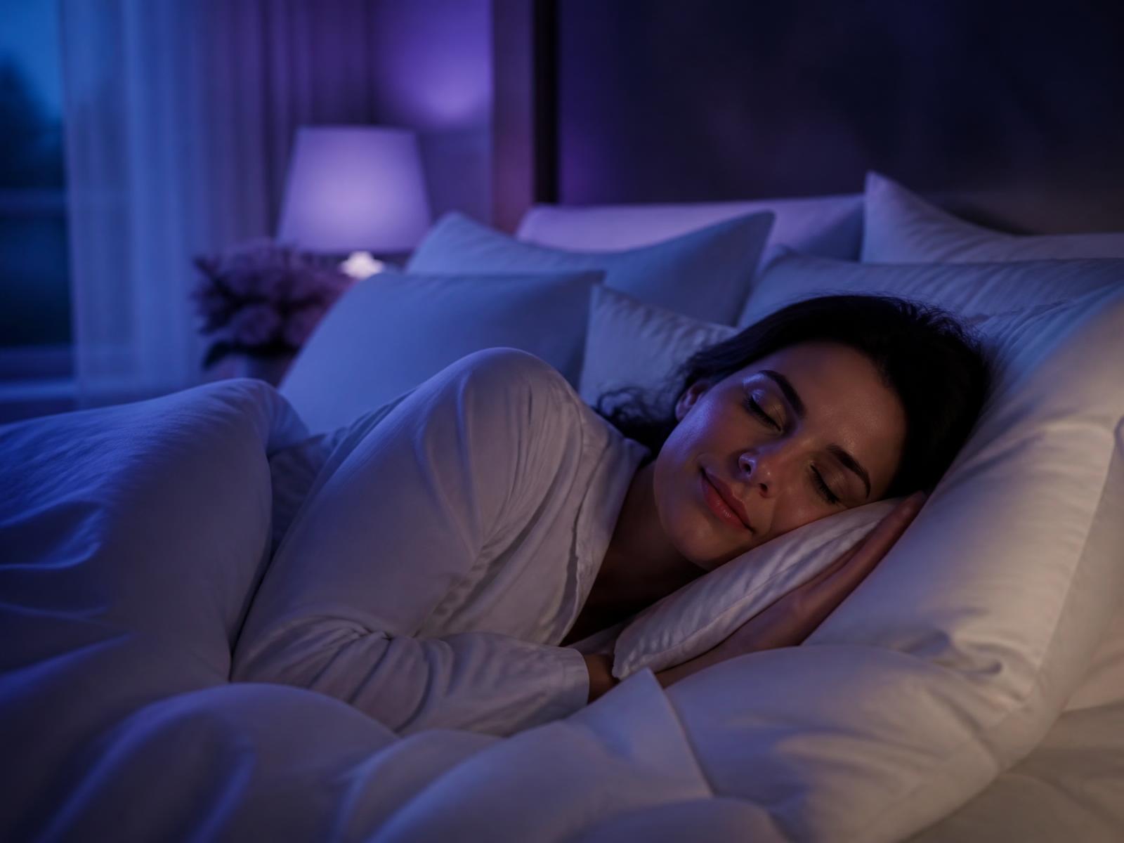 A woman sleeping peacefully in bed with lavender ambient lighting