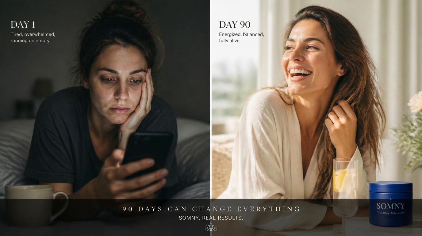 Diptych of the same woman on day 1 (tired, dim light) and day 90 (energized, glowing)